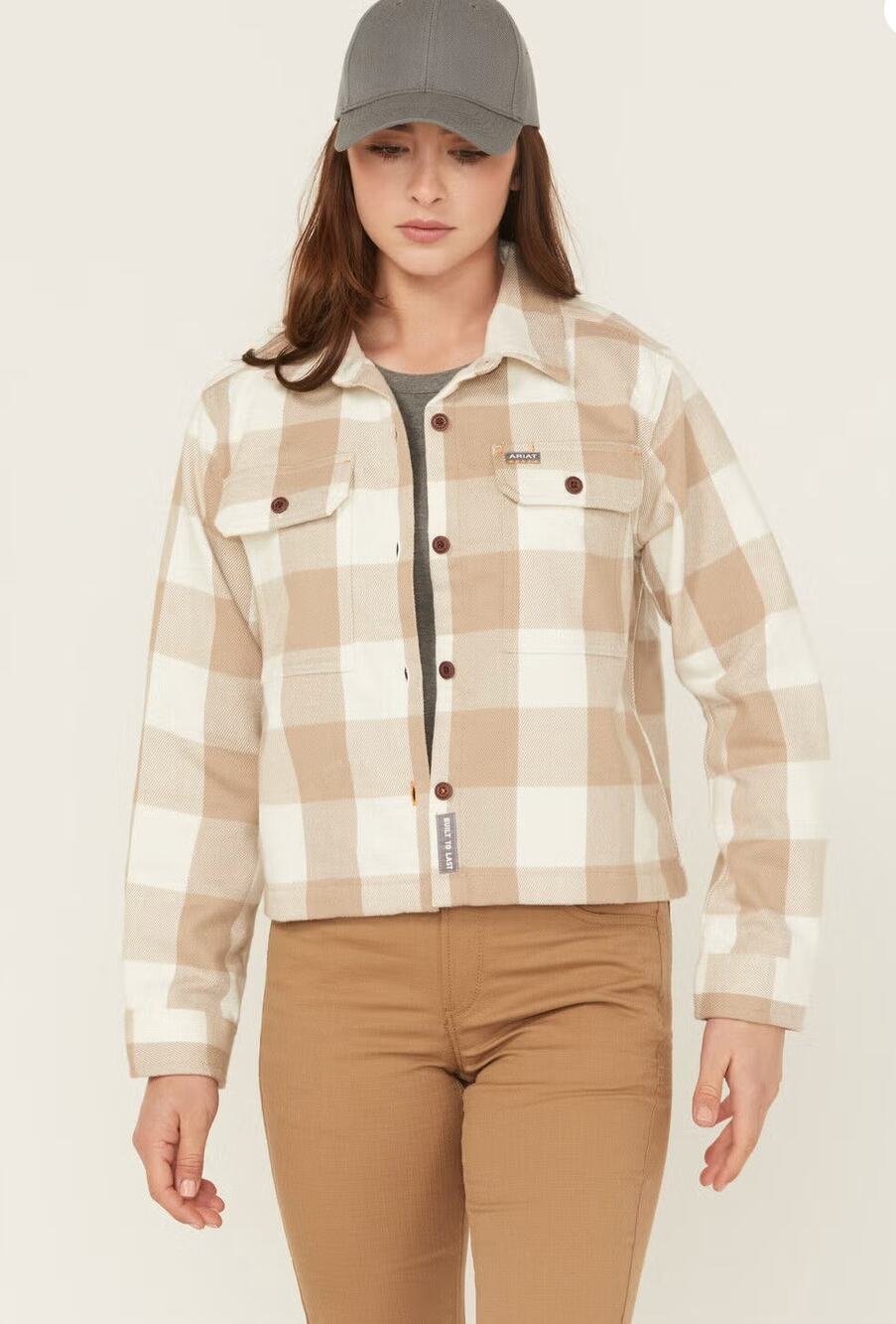 Ariat Rebar Womens M White Tan Plaid DuraStretch Flannel Shirt Button Up NWT